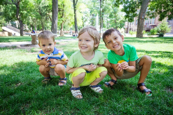 Glada Unga Pojkar Sommarparken Syskon Eller Vänner Njuter Vacker Dag — Stockfoto