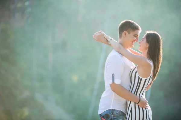 Happy Young Couple Kissing Outdoors Summer Day — Stock Photo, Image