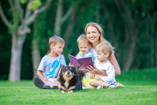 年轻的母亲坐在公园的草地上给她的小儿子读书 孩子和母亲享受美丽的夏日 宠物狗躺在旁边 注意力不集中 — 图库照片