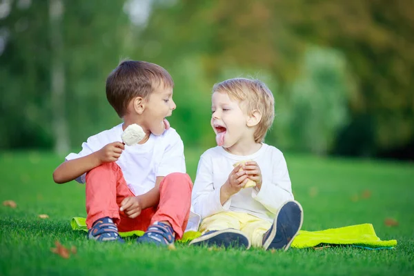 Dos Chicos Jóvenes Comiendo Helado Sacando Lenguas Mientras Están Sentados — Foto de Stock