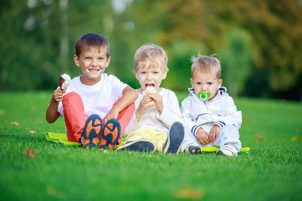 Dos Niños Mayores Comiendo Helado Hermano Menor Chupando Chupete Mientras —  Fotos de Stock