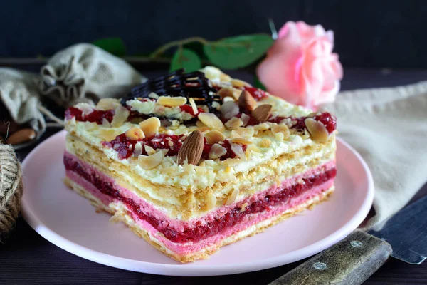 Layered Cake Cream Raspberry Jam Decorated Almonds Beautiful Photo Side — Stock Photo, Image
