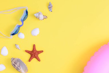 Çeşitli deniz kabuklarını ve sarı bir arka plan üzerinde kırmızı bir deniz yıldızı. Parlak yaz desen. Güzel resim.