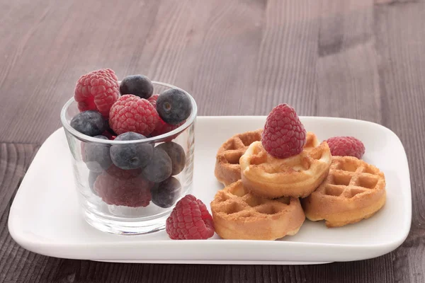 Glass Raspberries Blueberries Lie Waffles Berries Delicious Dessert Place Text — Stock Photo, Image