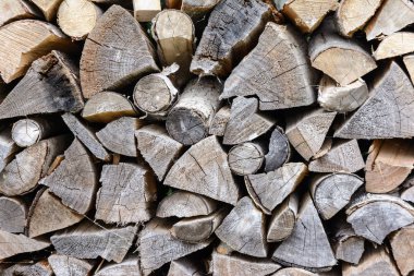 Arka plan özenle yığılmış yakacak odun. Doku kuru ağaç, kütük.