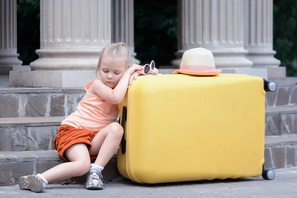 Little Girl Fell Asleep Big Yellow Suitcase Cute Baby Tired — Stock Photo, Image