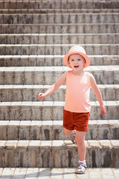 Little Joyful Girl Went Stairs Child Wearing Stylish Hat Red — Stock Photo, Image