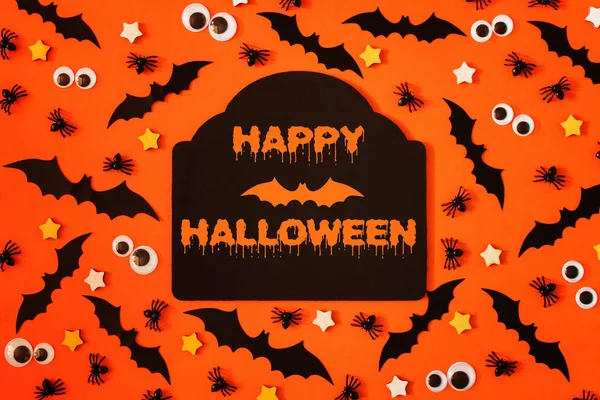 Feliz Halloween Inscripción Centro Alrededor Murciélagos Decorativos Asteriscos Ojos Marioneta —  Fotos de Stock