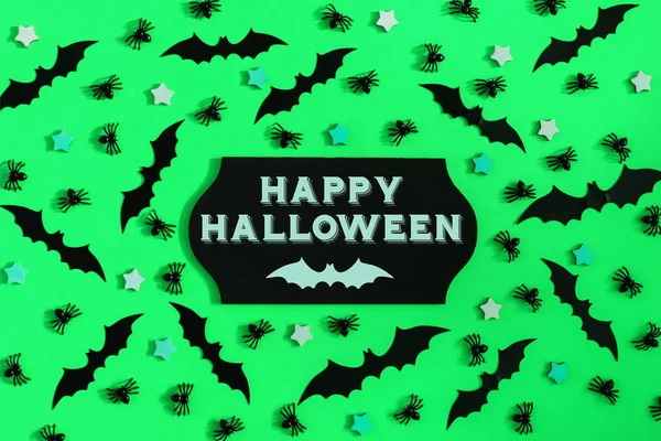 Feliz Halloween Verde Con Murciélagos Negros —  Fotos de Stock