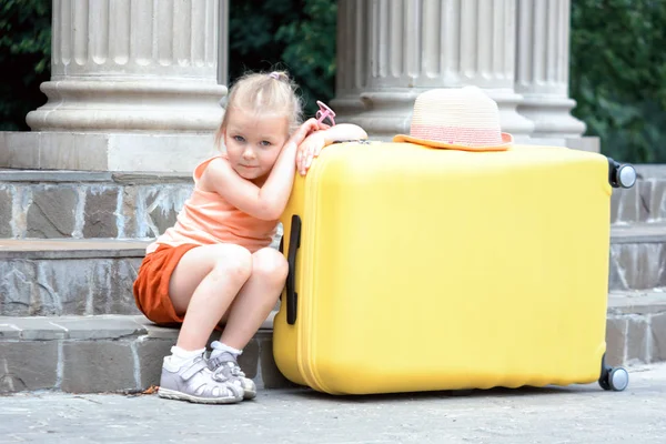 Cute Little Girl Big Yellow Suitcase Outdoors — Stock Photo, Image