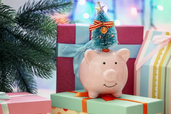 Small Pink Piggy Bank Fir Festive Boxes Symbol New Year — Stock Photo, Image