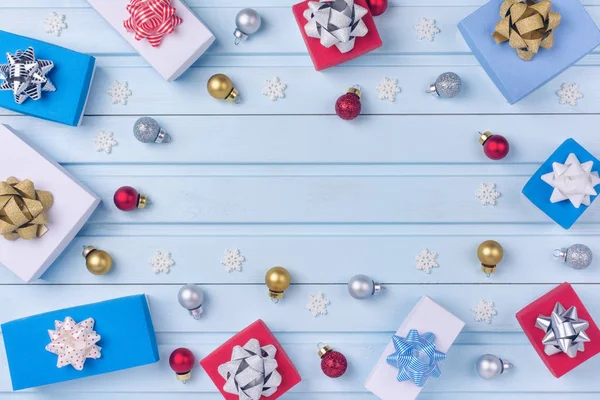 Gift Boxes Small Christmas Balls Lying Light Background — Stock Photo, Image