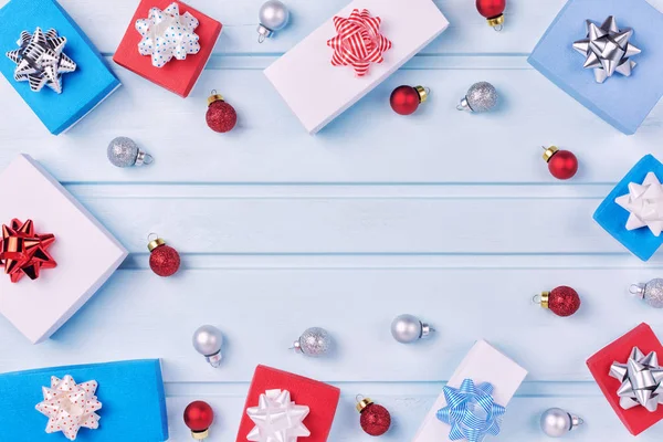 Gift Boxes Small Christmas Balls Lying Light Background — Stock Photo, Image