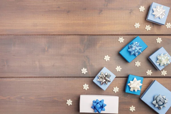 White Blue Boxes Lie Wooden Background — Stock Photo, Image