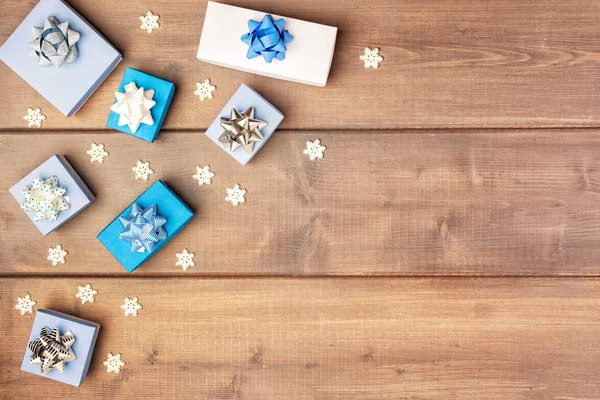 White Blue Boxes Lie Wooden Background — Stock Photo, Image