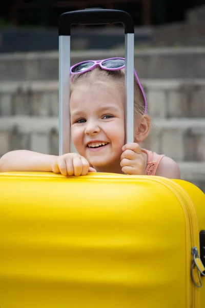 Little Girl Blond Hair Large Yellow Suitcase Steps — Stock Photo, Image