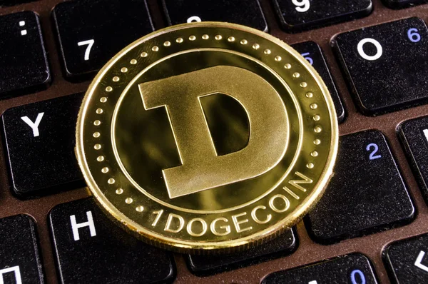 Dogecoin is a modern way of exchange and this crypto currency is a convenient means of payment in the financial — Stock Photo, Image