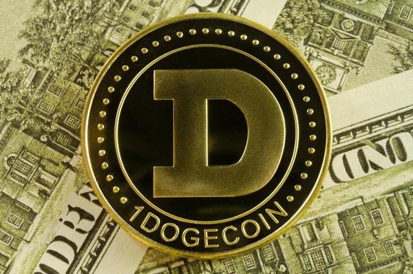 Dogecoin is a modern way of exchange and this crypto currency is a convenient means of payment in the financial — Stock Photo, Image