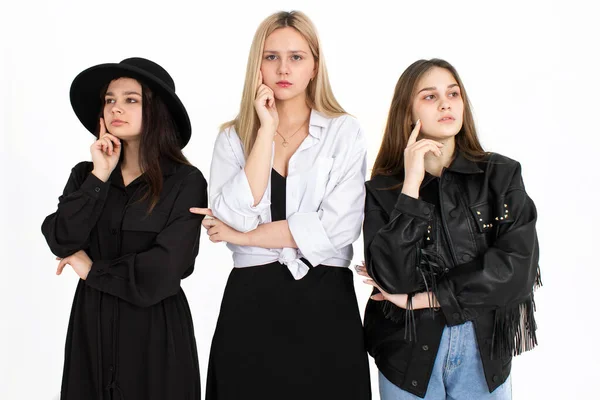 Three Young Beautiful Girls Thinking Solving Problem Photo White Background — Stock Photo, Image