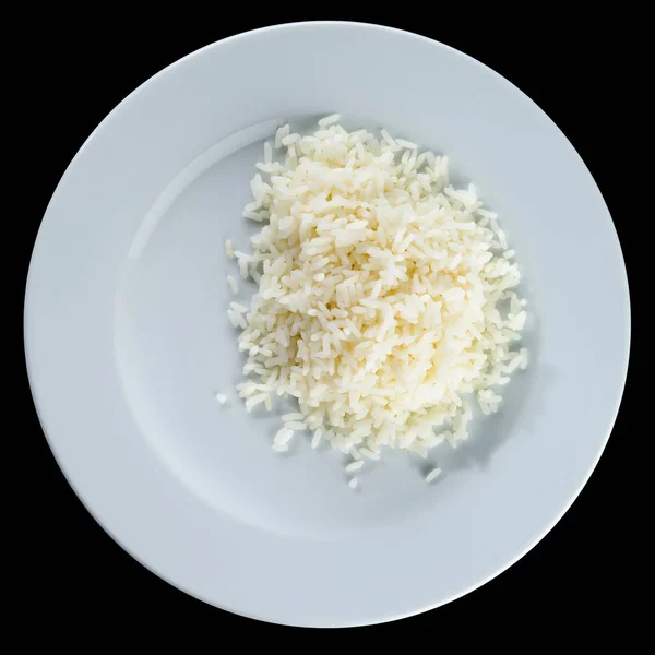 Boiled white rice in a white plate isolated on black background. — Stock Photo, Image