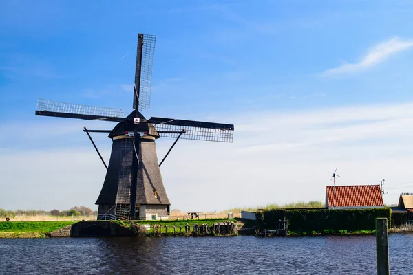 Cena de verão bonita colorida nos famosos canais Kinderdijk — Fotografia de Stock