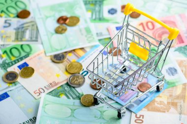 Avro nakit geçmişi. Farklı avro banknotları ve madeni paralar yığını