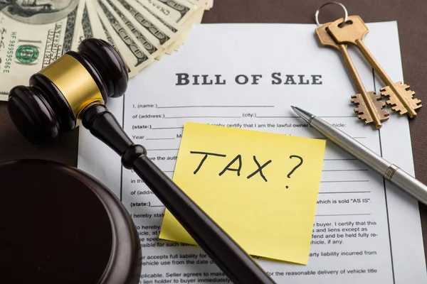 To pay real estate tax concepty. Bill of Sale, money, keys and s