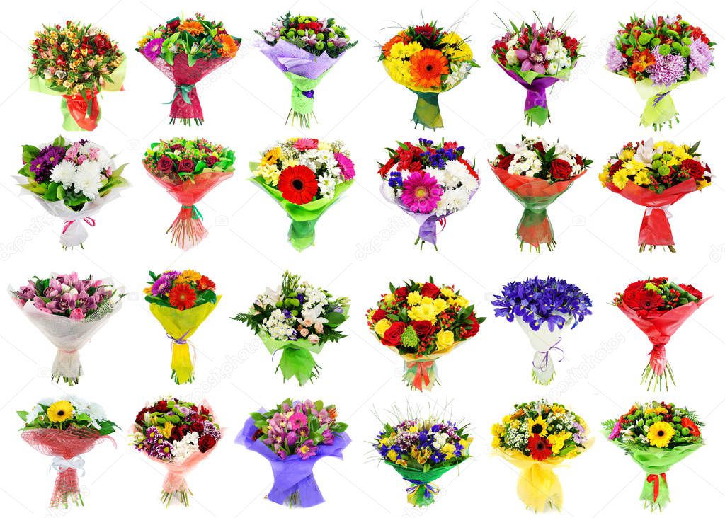 Collage of various colorful flower, set of bouquets