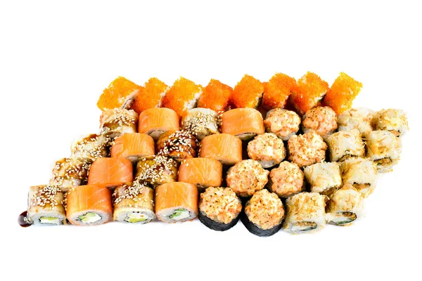 Nieuwe menu in het restaurant. Ander soort sushi rolt isolat — Stockfoto