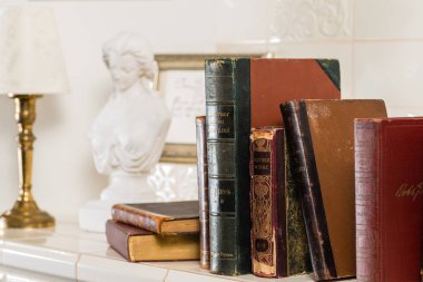 Bir kitaplık üzerinde eski kitaplar vintage