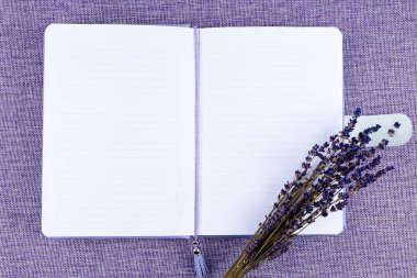 Mor defter ve çiçekler boşaltmak mor zemin üzerine,
