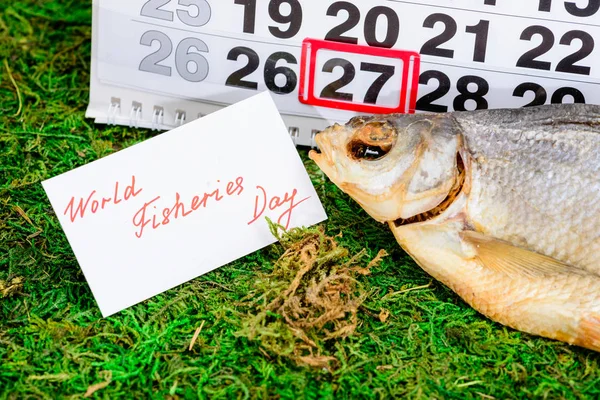 June 27 World fisheries Day on the calendar with stockfish — Stock Photo, Image