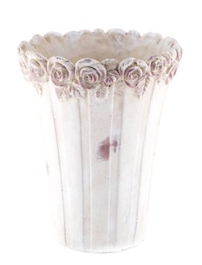 Beyaz arka plan üzerinde izole çiçek süslemeli bej pot