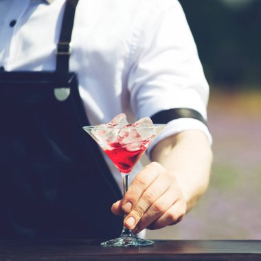 bir martini cam kırmızı soğuk cocktai ile tutarak yakın çekim barmen