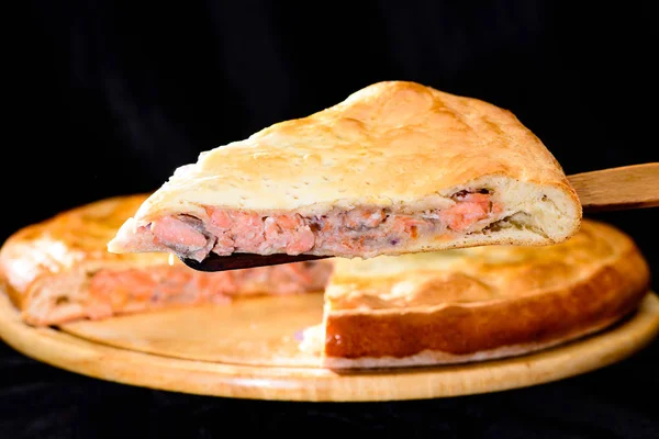 Enfoque selectivo en delicioso pedazo de pastel de pescado, en el frente — Foto de Stock