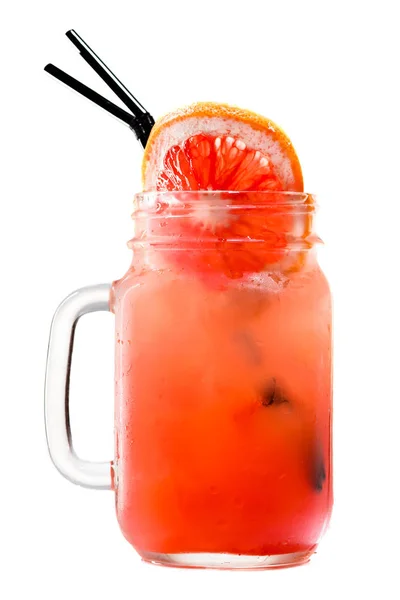 鲜橙美味葡萄柚汁在梅森罐子与 t — 图库照片