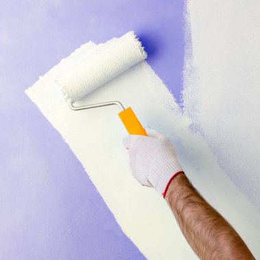 Erkek el boyama duvar boya silindiri ile. Yeni apartmen boyama