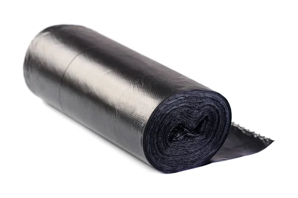 Fekete műanyag polietilén szemetes zsákot roll a elszigetelt fehér ba — Stock Fotó