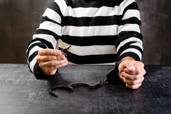 Неопознанный заключенный в тюремной раздетой форме сидит на — стоковое фото