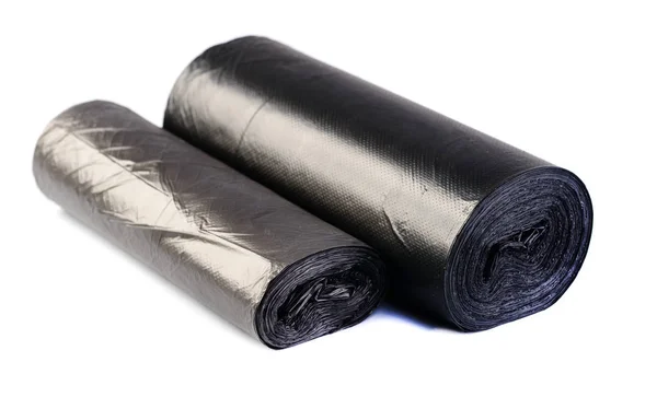 Két fekete műanyag szemetet hungarocell roll elszigetelt a whi — Stock Fotó