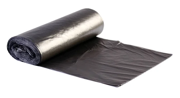 Fekete műanyag polietilén szemetes zsákot roll a elszigetelt fehér ba — Stock Fotó