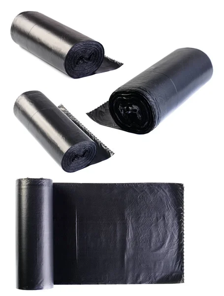 Zestaw z czarnego polietylenu plastikowe worki na śmieci roll na światło bac — Zdjęcie stockowe