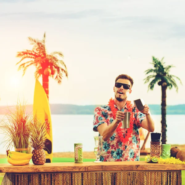 Barın yakınında duran yakışıklı barmen sayaç ve c hazırlanıyor