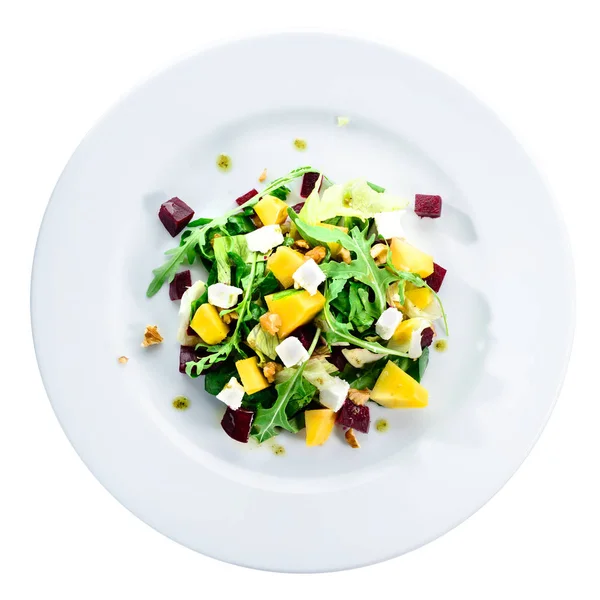 Finom és étvágygerjesztő saláta avokádóval, sajt és saláta — Stock Fotó