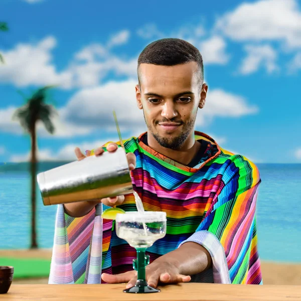 Yakışıklı, gülümseyen Meksika barmen ayakta tarih seçici odak 