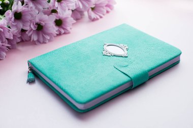 Kadın günlüğü ve güzel kasımpatı çiçekleri pembe tablo. P