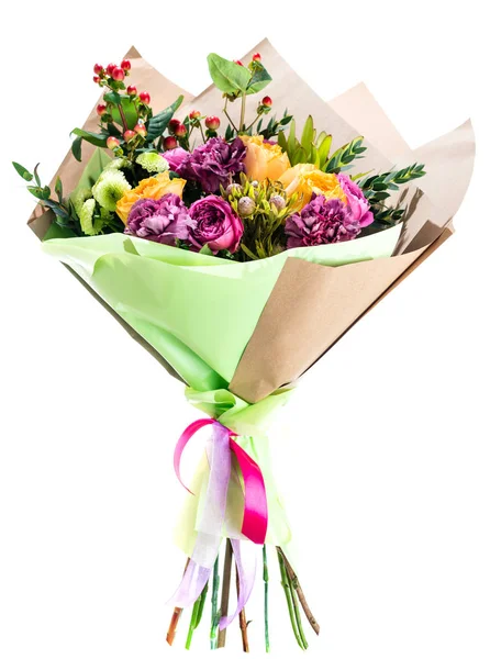 Beautiful bouquet of fresh colorful flowers wrapped in paper iso — Stock Photo, Image