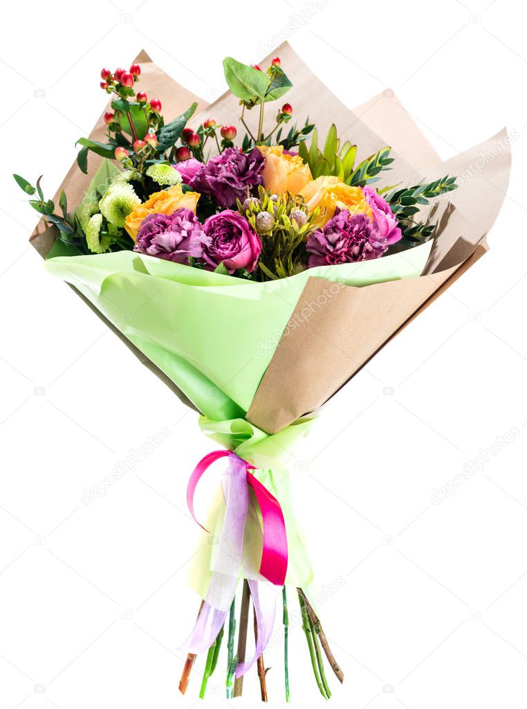 Beautiful bouquet of fresh colorful flowers wrapped in paper iso