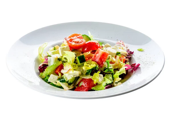 New menu in the restaurant. Fresh vegetarian salad isolated on w — Stock Photo, Image