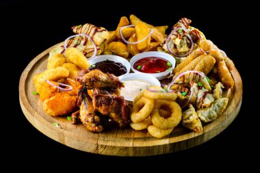 Farklı tür bir Fast food blac üzerinde izole ahşap tahta üzerinde